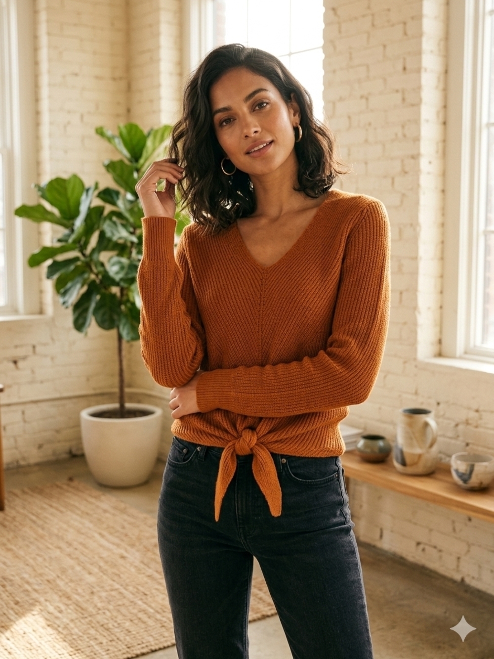 Moth by Anthropologie Mustard Yellow Tie-Front Knit Sweater XS-S